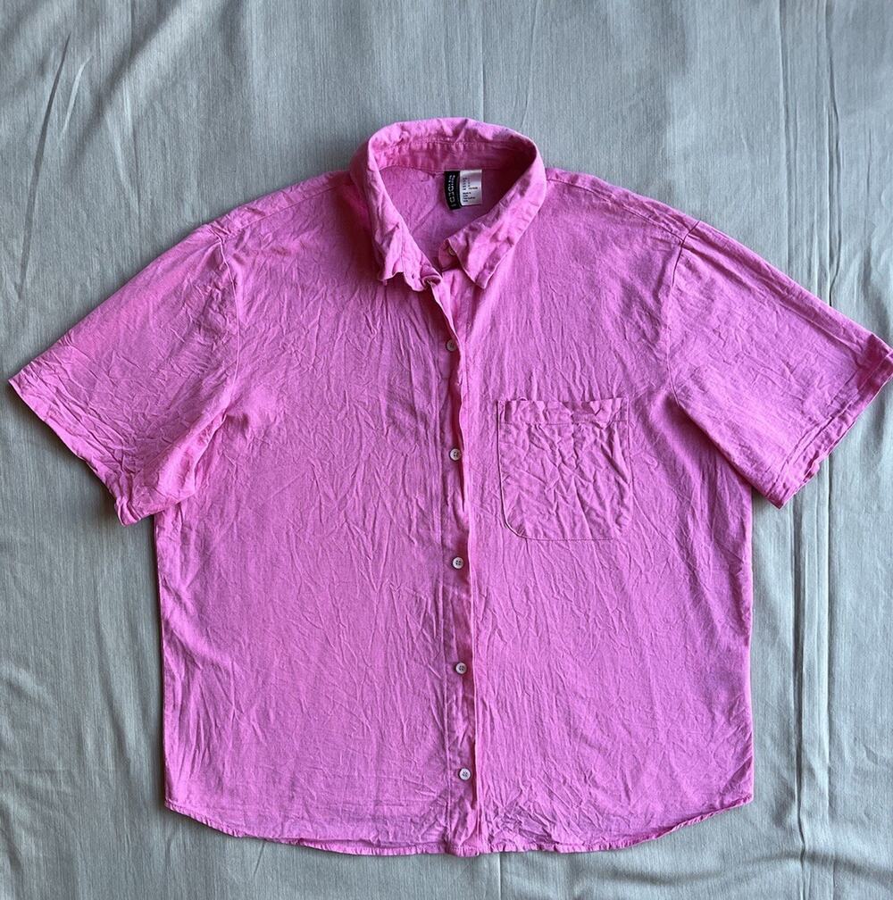 H&M Divided Women’s L Pink Linen Blend Button Up Shirt Short Sleeve Coastal